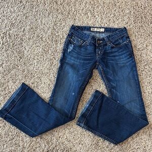 Women's Boot Cut Jeans in Dark Blue - Distressed Comfort